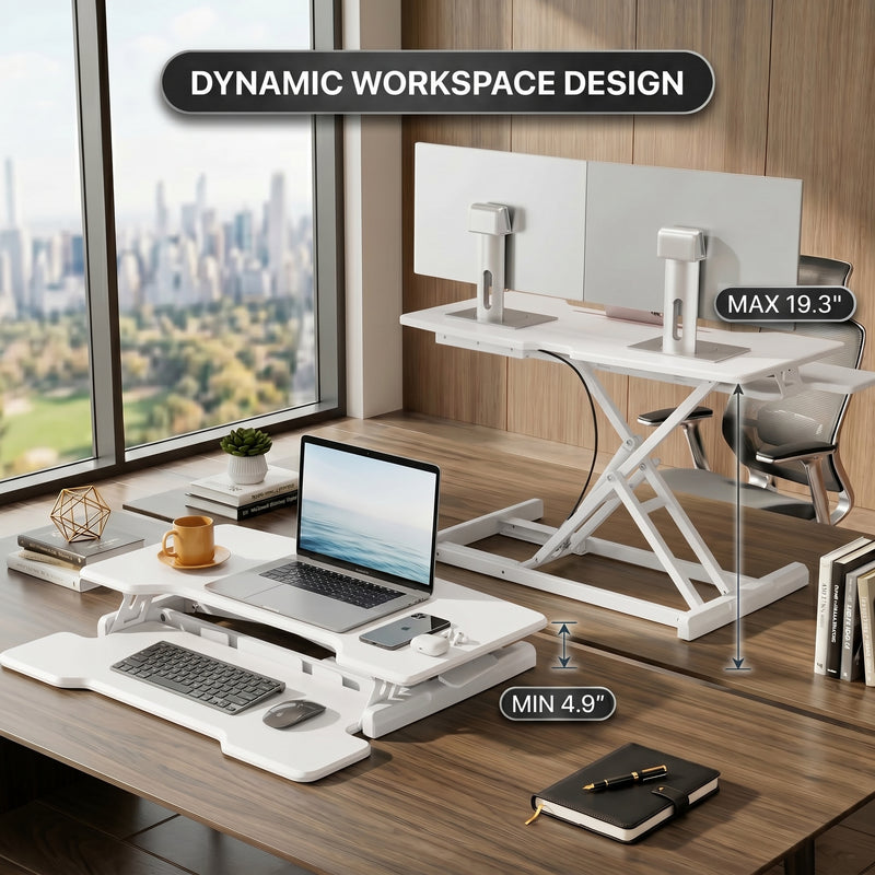 Standing desk converter height adjustment range diagram from 4.3 to 20 inches