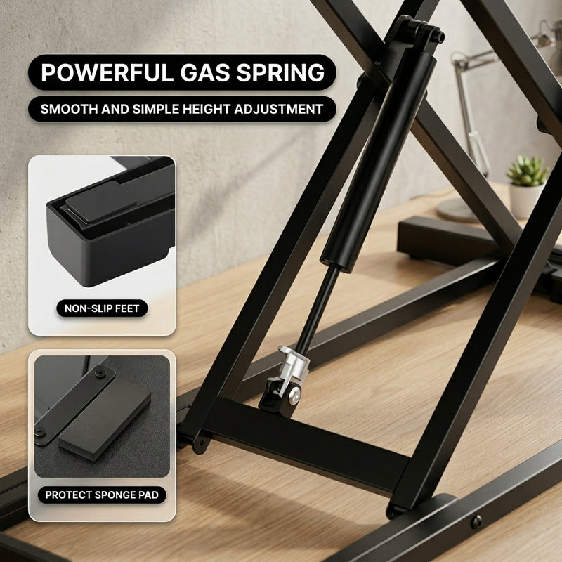 Standing desk converter height adjustment range diagram from 4.3 to 20 inches