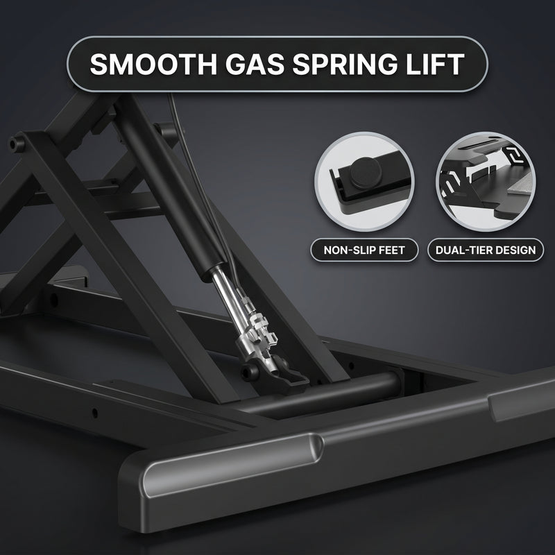 Standing desk converter keyboard tray capacity and pneumatic lift mechanism diagram