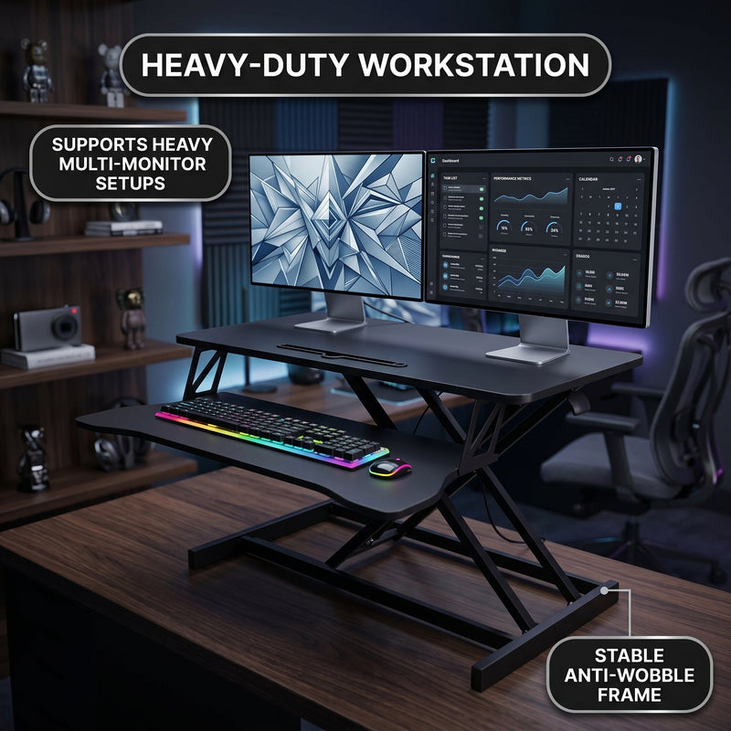 Standing desk converter keyboard tray capacity and pneumatic lift mechanism diagram