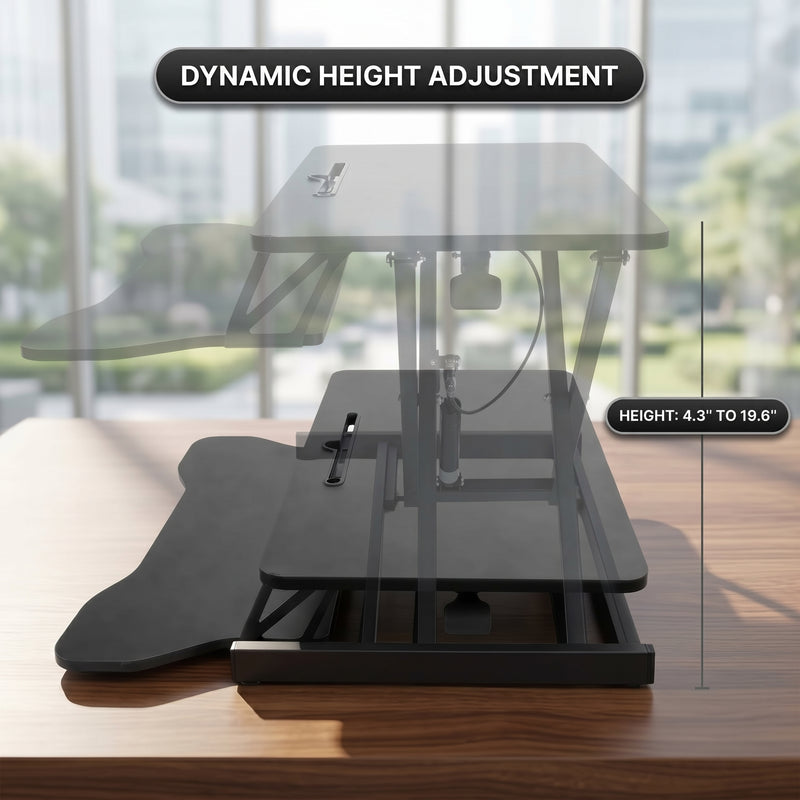 Standing desk converter keyboard tray capacity and pneumatic lift mechanism diagram