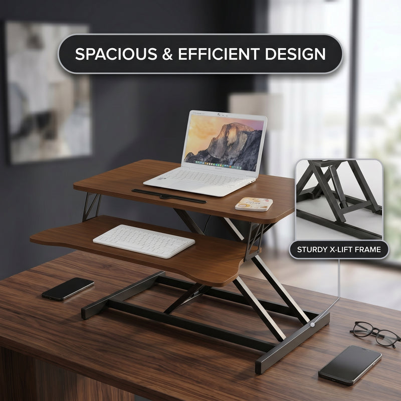 Standing desk converter keyboard tray capacity and pneumatic lift mechanism diagram
