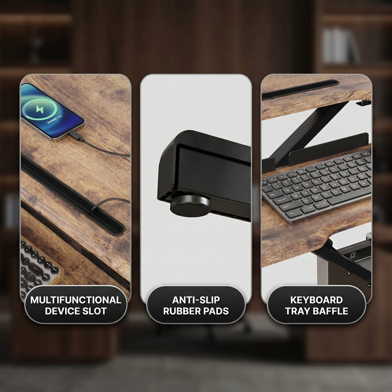 Standing desk converter keyboard tray capacity and pneumatic lift mechanism diagram