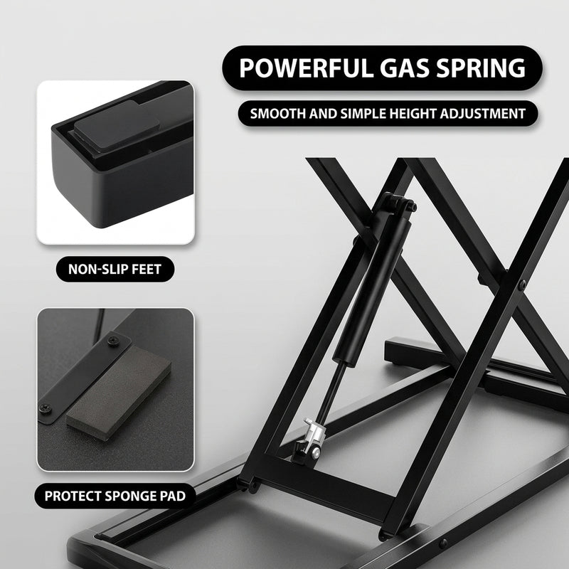 Standing desk converter keyboard tray capacity and pneumatic lift mechanism diagram