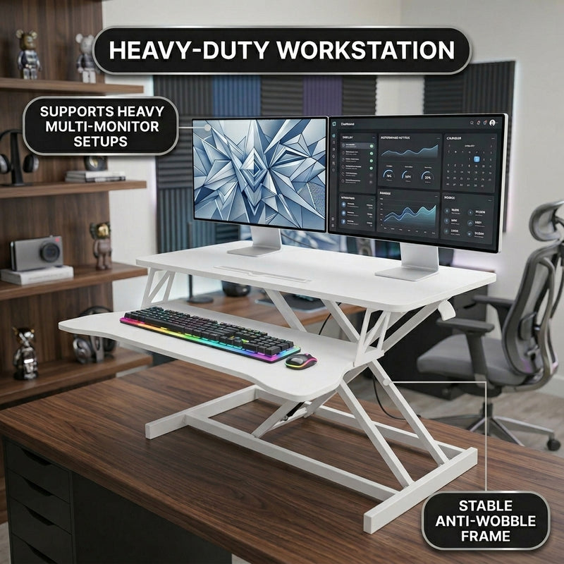 Standing desk converter keyboard tray capacity and pneumatic lift mechanism diagram