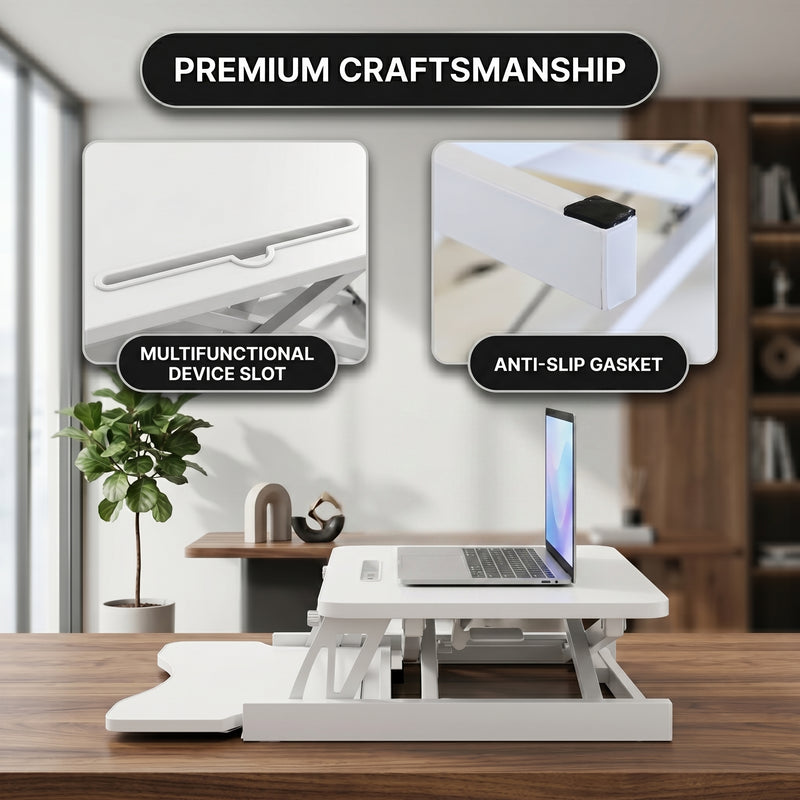 Standing desk converter keyboard tray capacity and pneumatic lift mechanism diagram