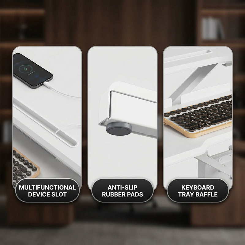 Standing desk converter keyboard tray capacity and pneumatic lift mechanism diagram