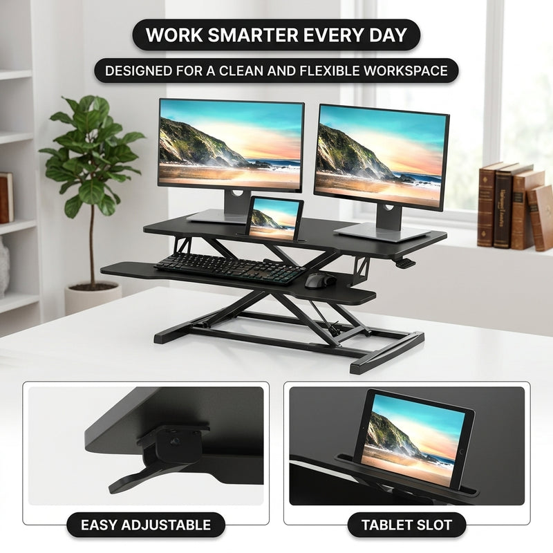 Standing desk converter keyboard tray capacity and pneumatic lift mechanism diagram