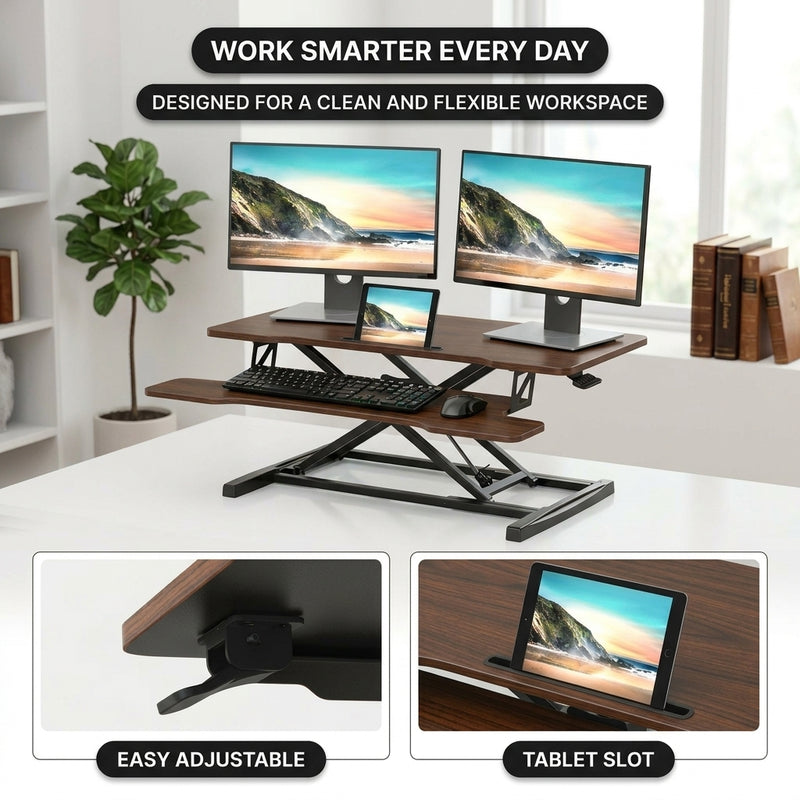 Standing desk converter keyboard tray capacity and pneumatic lift mechanism diagram