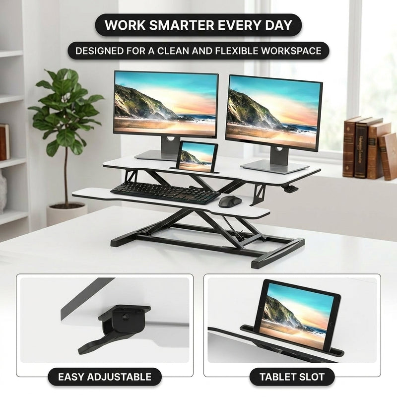 Standing desk converter keyboard tray capacity and pneumatic lift mechanism diagram