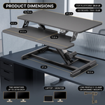 Standing desk converter with a monitor and laptop on top and a keyboard tray below