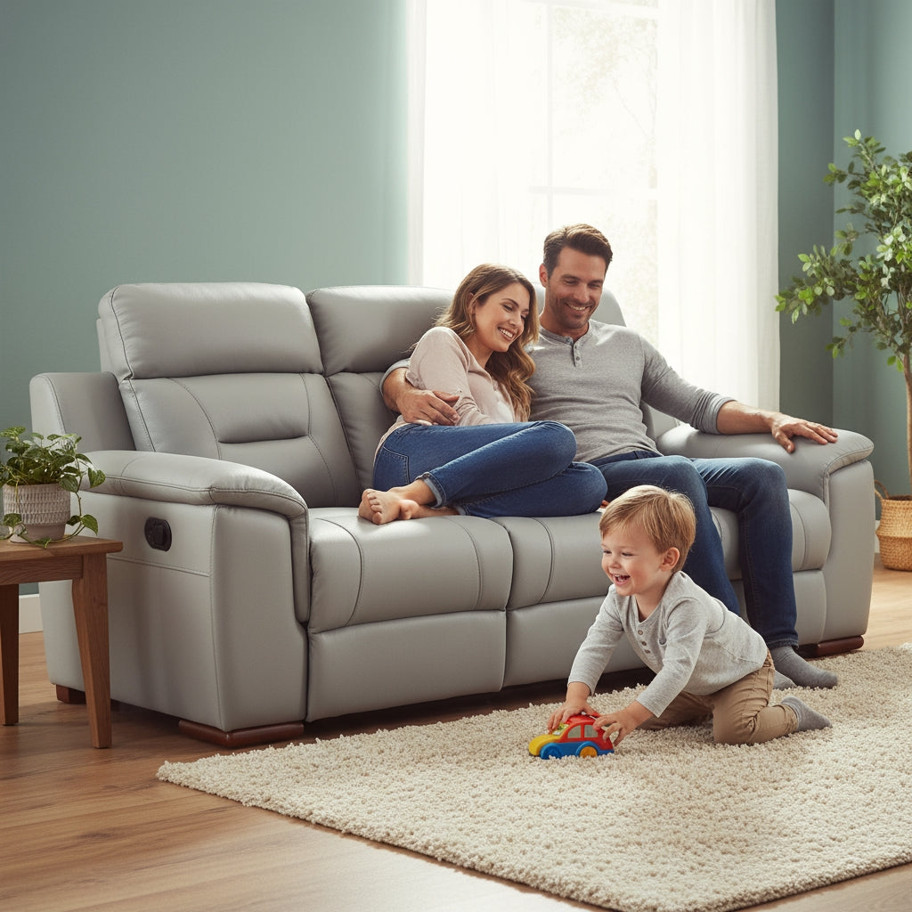 Two Piece Indoor Gray Genuine Leather Five Person Seating Set