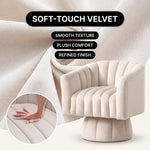 Upholstered accent chair with arrows showing a full 360-degree swivel and an inset of the swivel plate