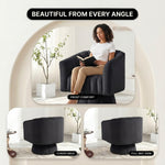 Upholstered accent chair with arrows showing a full 360-degree swivel and an inset of the swivel plate