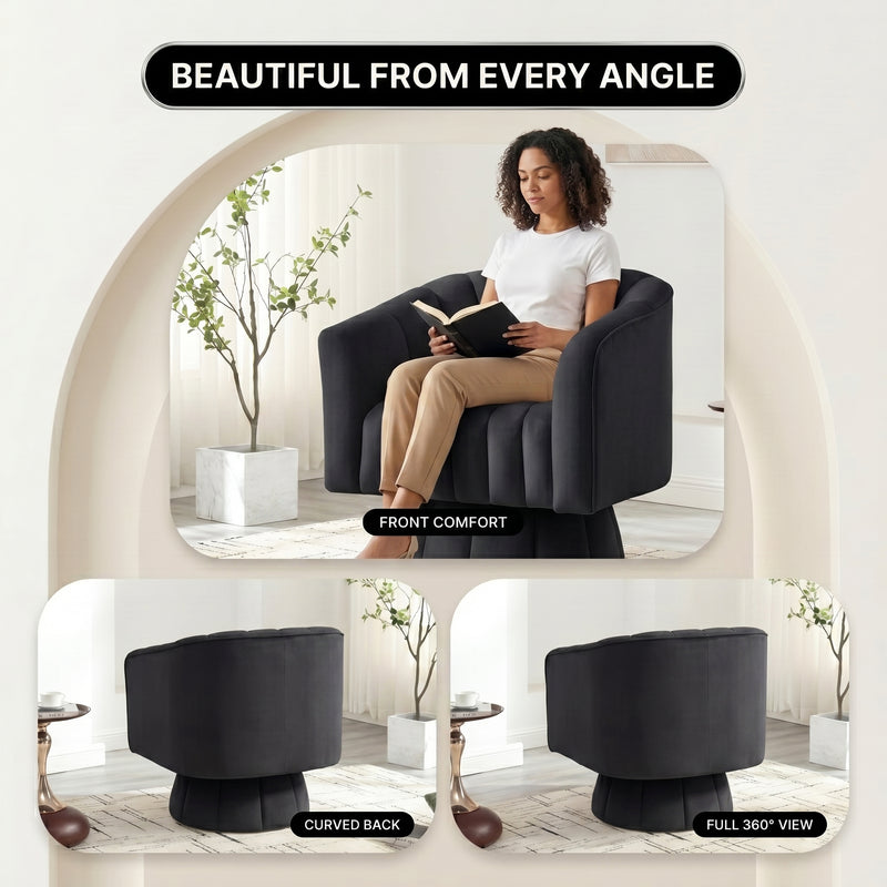 Upholstered accent chair with arrows showing a full 360-degree swivel and an inset of the swivel plate