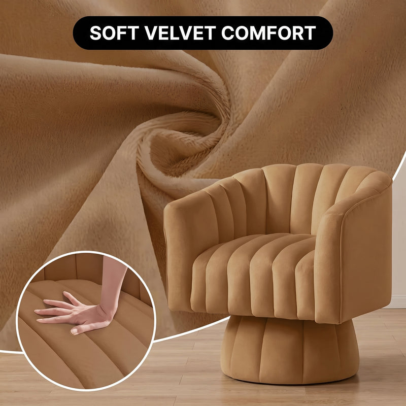 Upholstered accent chair with arrows showing a full 360-degree swivel and an inset of the swivel plate