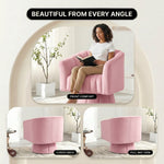Upholstered accent chair with arrows showing a full 360-degree swivel and an inset of the swivel plate