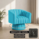 Upholstered accent chair with arrows showing a full 360-degree swivel and an inset of the swivel plate