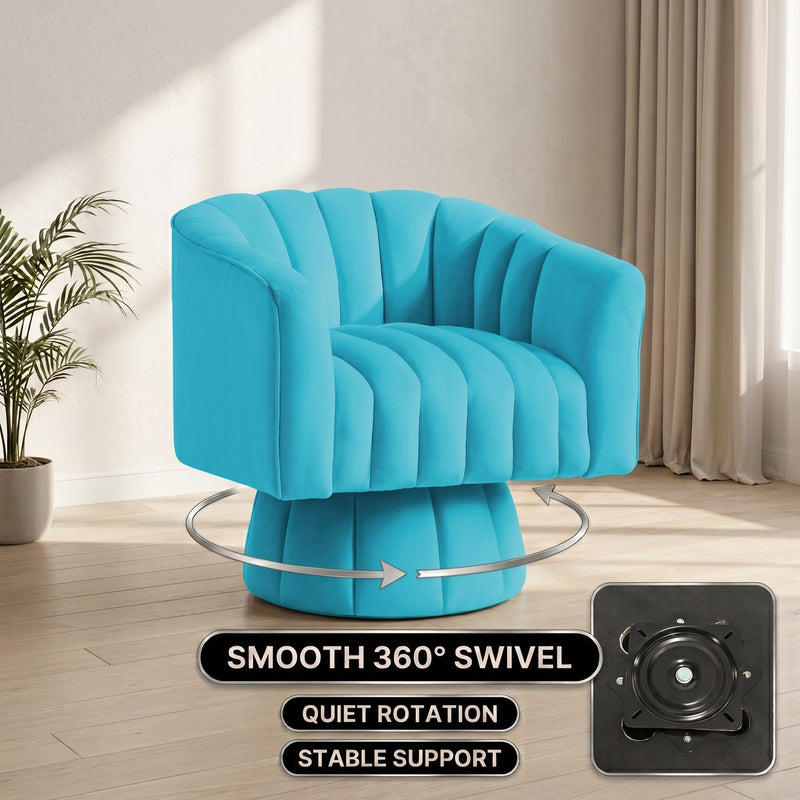 Upholstered accent chair with arrows showing a full 360-degree swivel and an inset of the swivel plate