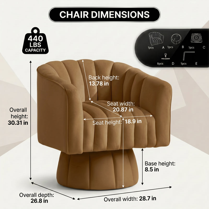 Swivel accent chair dimension diagram with labeled measurements and parts