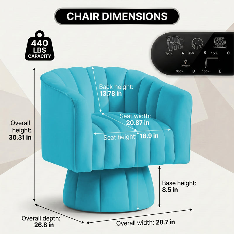 Swivel accent chair dimension diagram with labeled measurements and parts