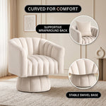 Collage of a swivel accent chair from the front and back with a woman reading in it