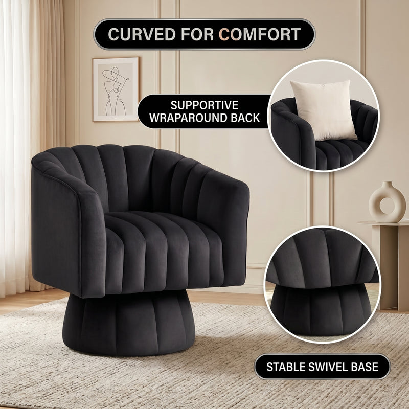 Collage of a swivel accent chair from the front and back with a woman reading in it