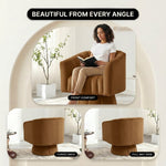 Collage of a swivel accent chair from the front and back with a woman reading in it