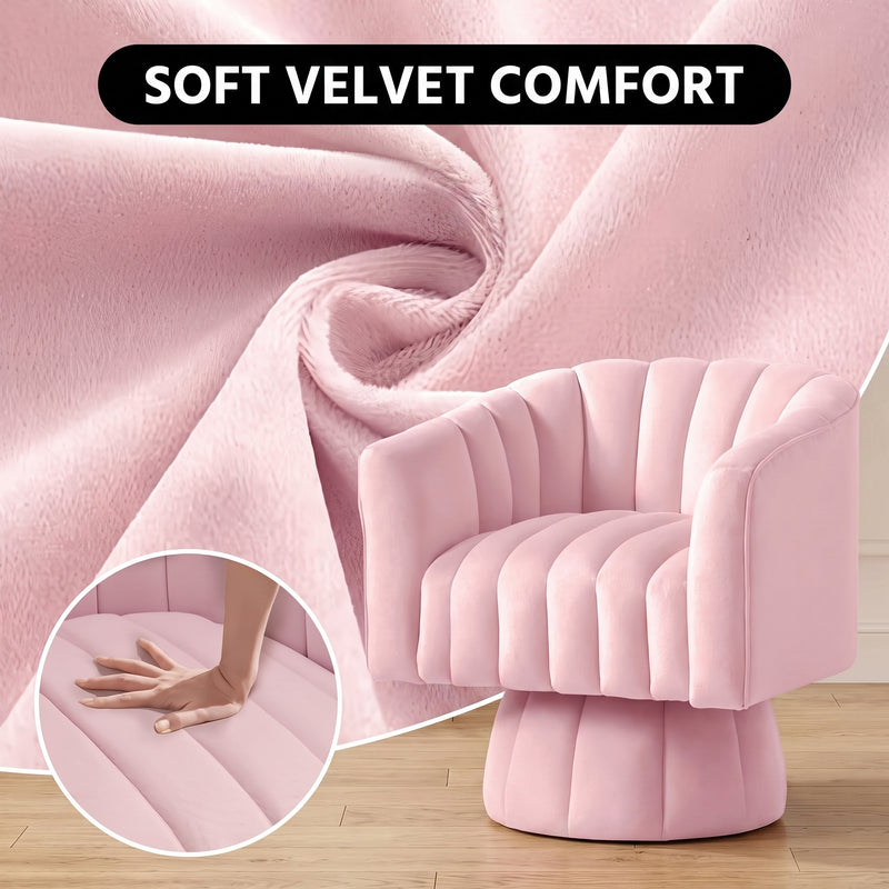 Collage of a swivel accent chair from the front and back with a woman reading in it
