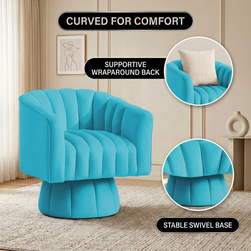 Collage of a swivel accent chair from the front and back with a woman reading in it