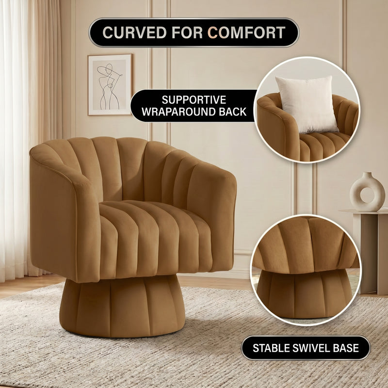 Swivel accent chair in a neutral room with close-up insets of the curved back and round base