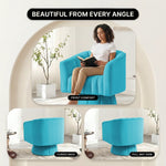 Swivel accent chair in a neutral room with close-up insets of the curved back and round base
