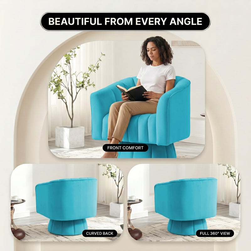 Swivel accent chair in a neutral room with close-up insets of the curved back and round base