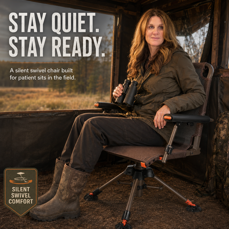 Hunter using camo swivel hunting chair with binoculars in a field