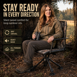 Hunter using camo swivel hunting chair with binoculars in a field