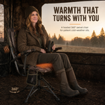 Hunter using camo swivel hunting chair with binoculars in a field