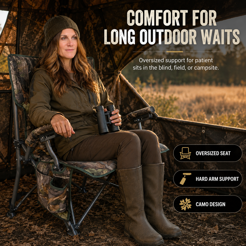 Hunter using camo swivel hunting chair with binoculars in a field