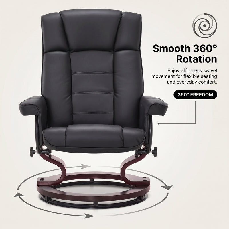 Diagram illustrating the recliner's smooth 360-degree swivel rotation on its wood base