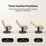 Diagram illustrating the recliner's smooth 360-degree swivel rotation on its wood base