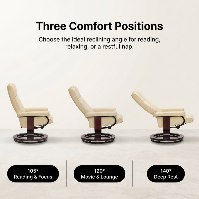 Diagram illustrating the recliner's smooth 360-degree swivel rotation on its wood base