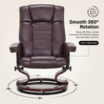 Diagram illustrating the recliner's smooth 360-degree swivel rotation on its wood base