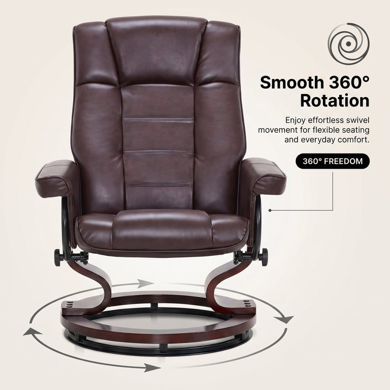 Diagram illustrating the recliner's smooth 360-degree swivel rotation on its wood base