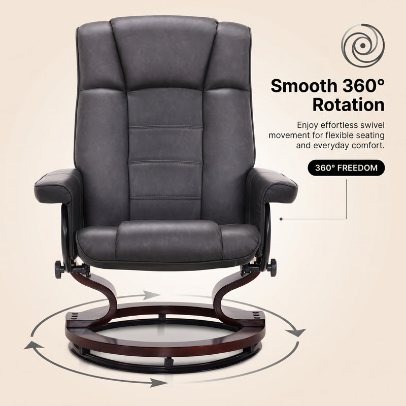 Diagram illustrating the recliner's smooth 360-degree swivel rotation on its wood base
