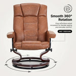 Diagram illustrating the recliner's smooth 360-degree swivel rotation on its wood base
