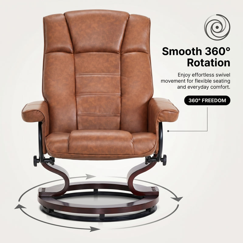 Diagram illustrating the recliner's smooth 360-degree swivel rotation on its wood base