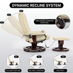 Diagram showing the recliner adjusting from 105 to 140 degrees with a 360-degree swivel base