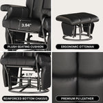 Diagram showing the recliner adjusting from 105 to 140 degrees with a 360-degree swivel base