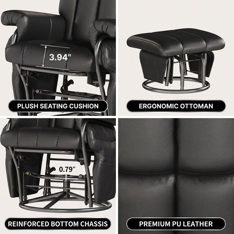 Diagram showing the recliner adjusting from 105 to 140 degrees with a 360-degree swivel base