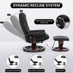 Diagram showing the recliner adjusting from 105 to 140 degrees with a 360-degree swivel base