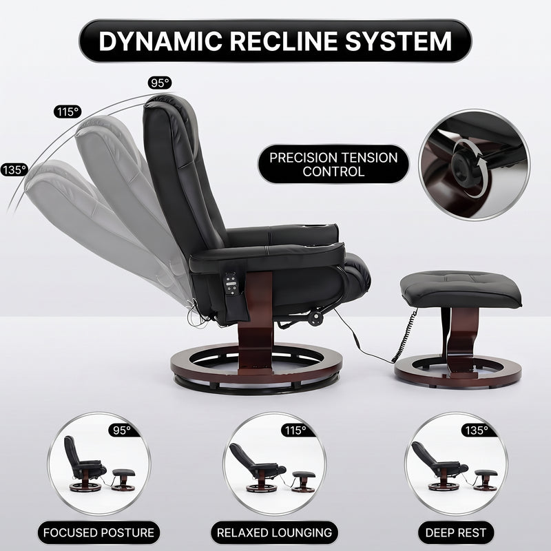Diagram showing the recliner adjusting from 105 to 140 degrees with a 360-degree swivel base